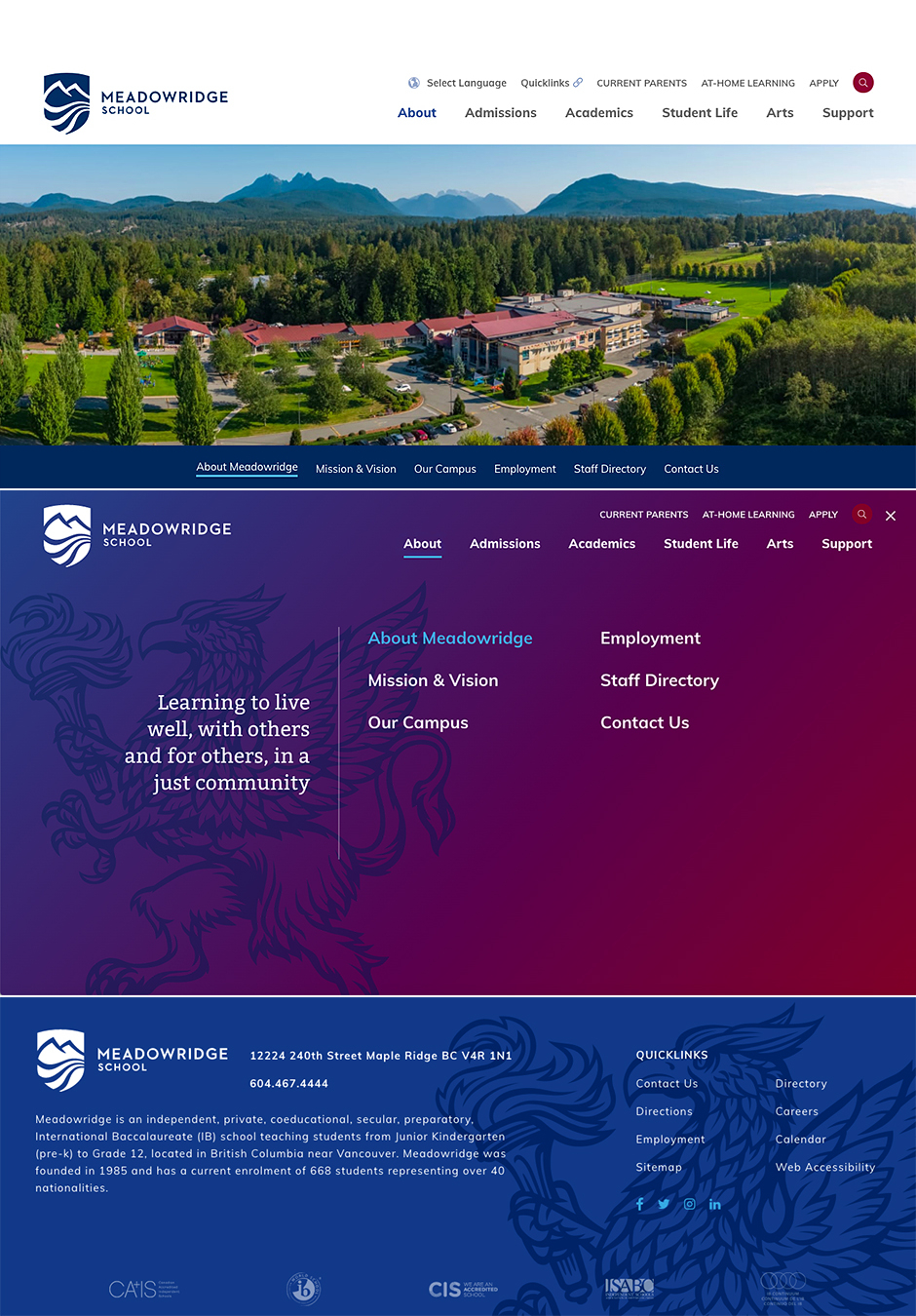 Crest redesign insitu, launch website design by Meadowridge School